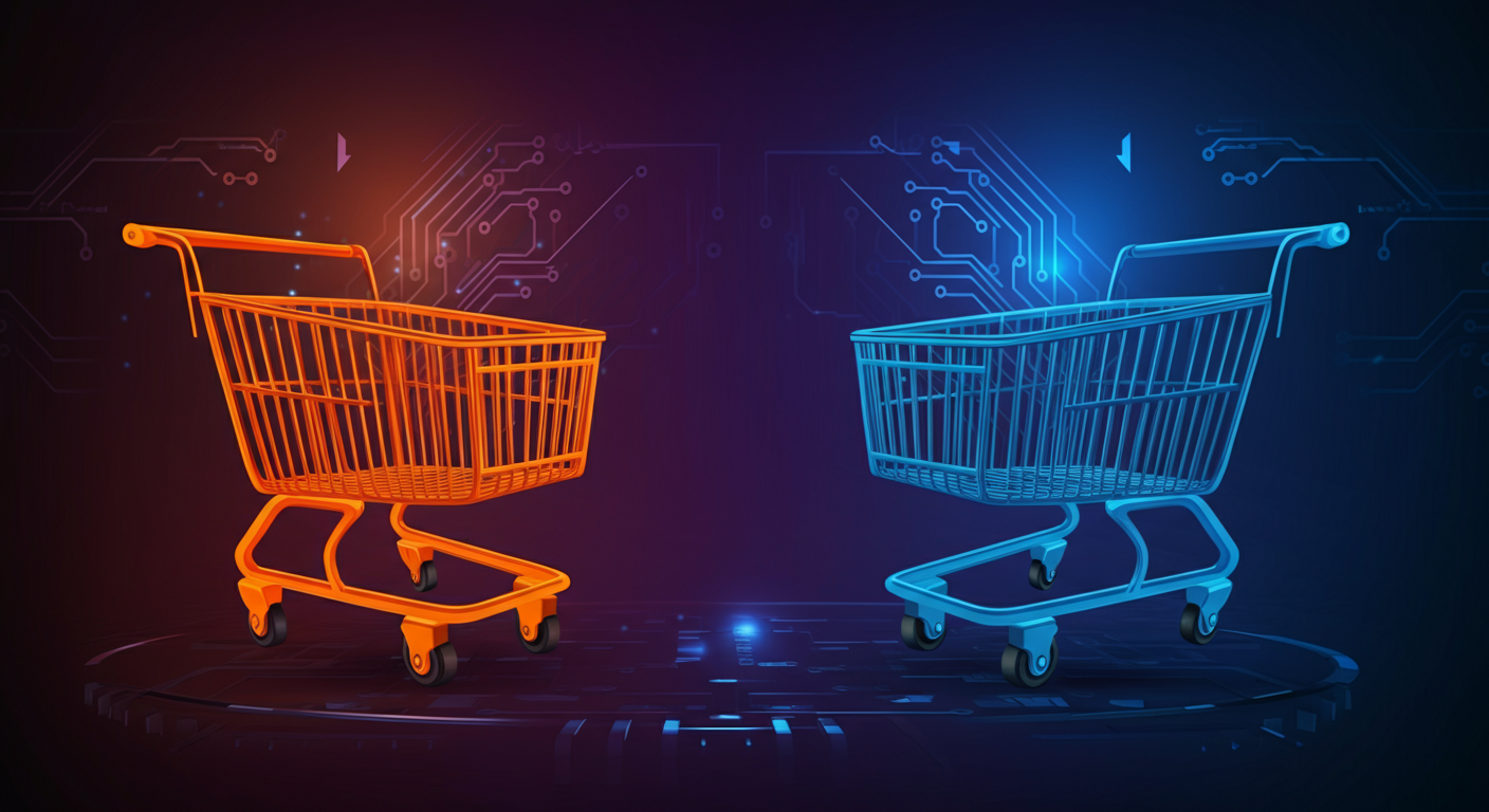 Amazon and Bol.com marketplace competition illustration with automation icons