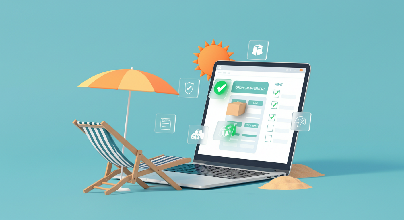 Laptop on a beach chair showing a Bol.com dashboard with orders processing automatically