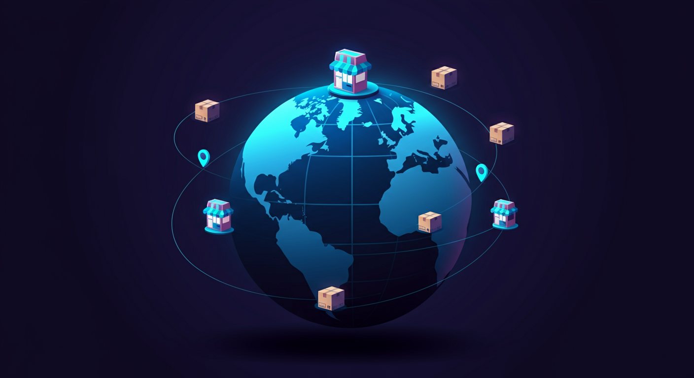 Globe with shipping routes connecting to bol.com marketplace, representing international seller competition
