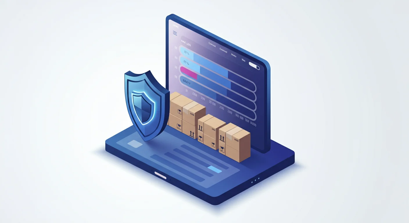 Isometric illustration of warehouse inventory with a protected stock buffer and a digital dashboard showing safety stock levels