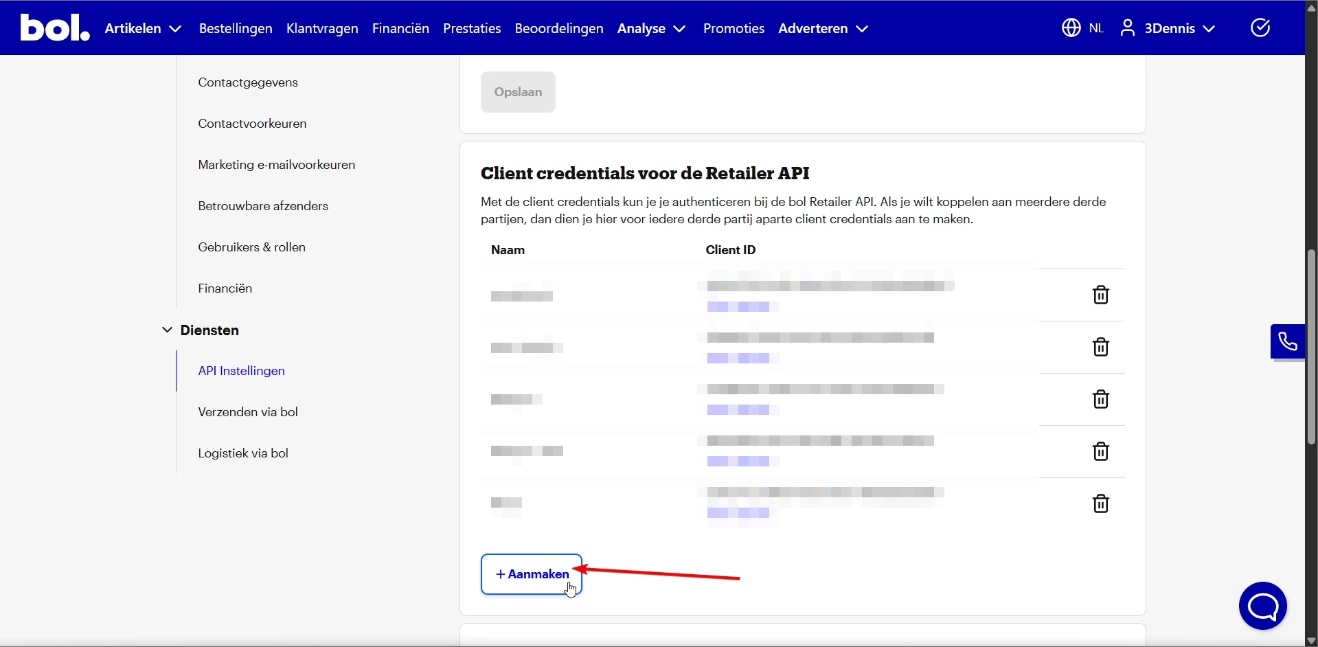 The Client credentials voor de Retailer API section, with the Aanmaken (Create) button.