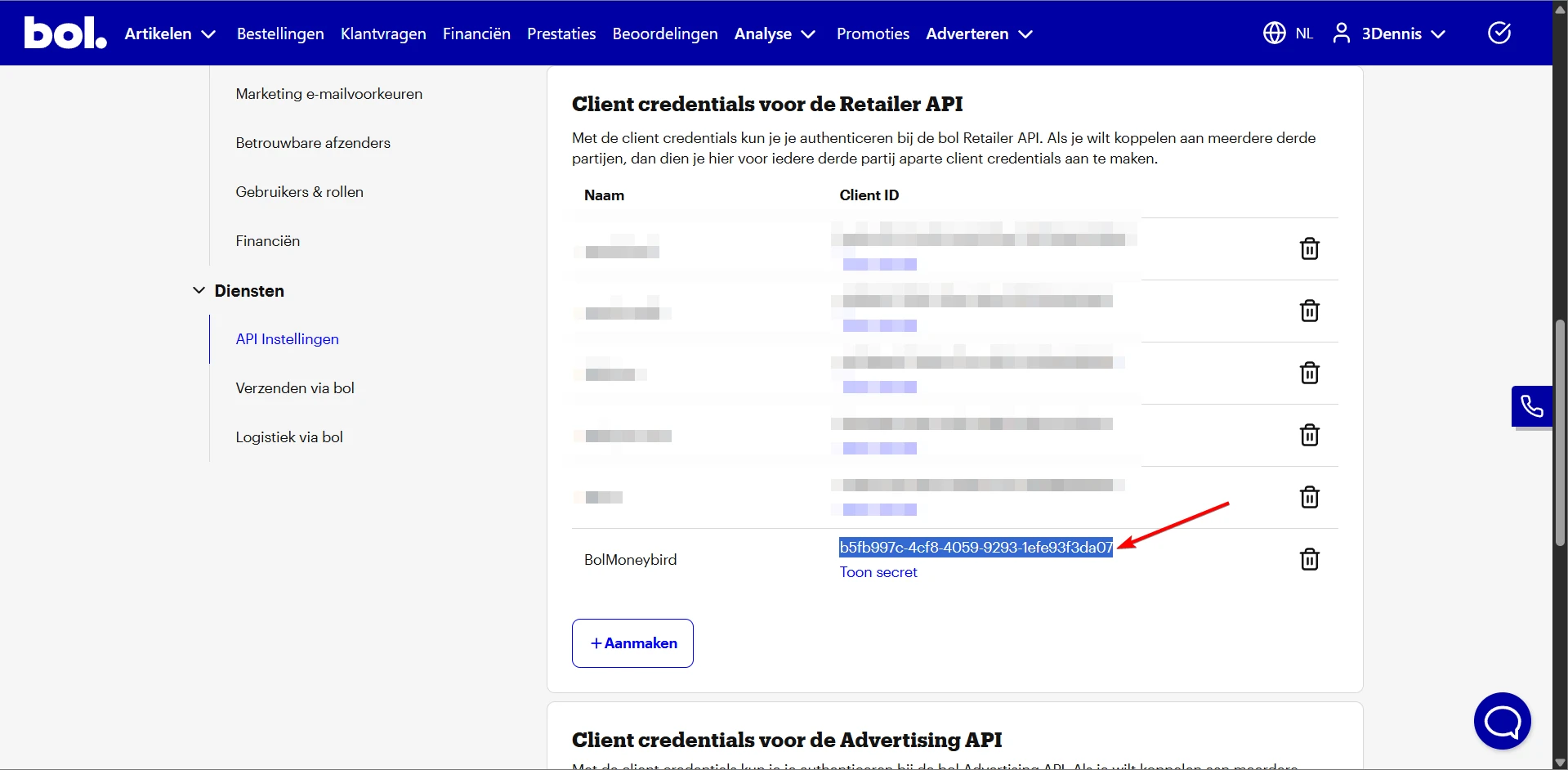 The list of created API credentials, showing the Client ID and the Toon secret (Show secret) button.
