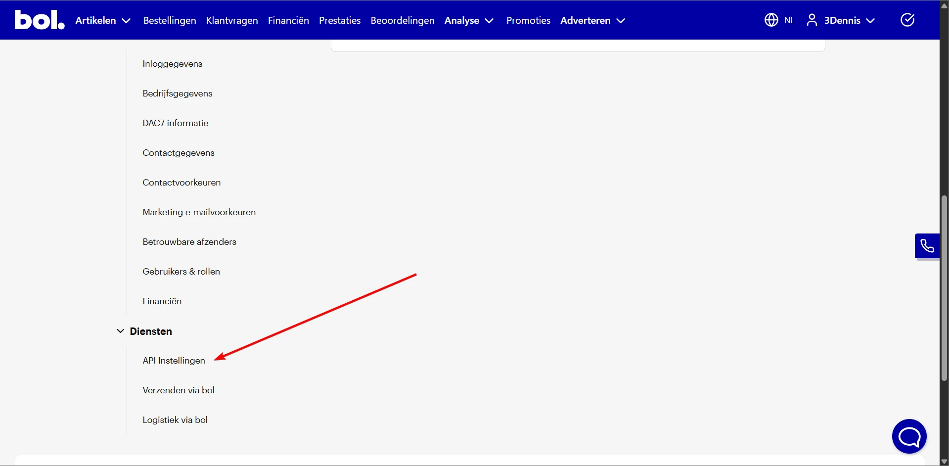The Bol.com settings page, with the API Instellingen (API Settings) link under the Diensten (Services) heading.