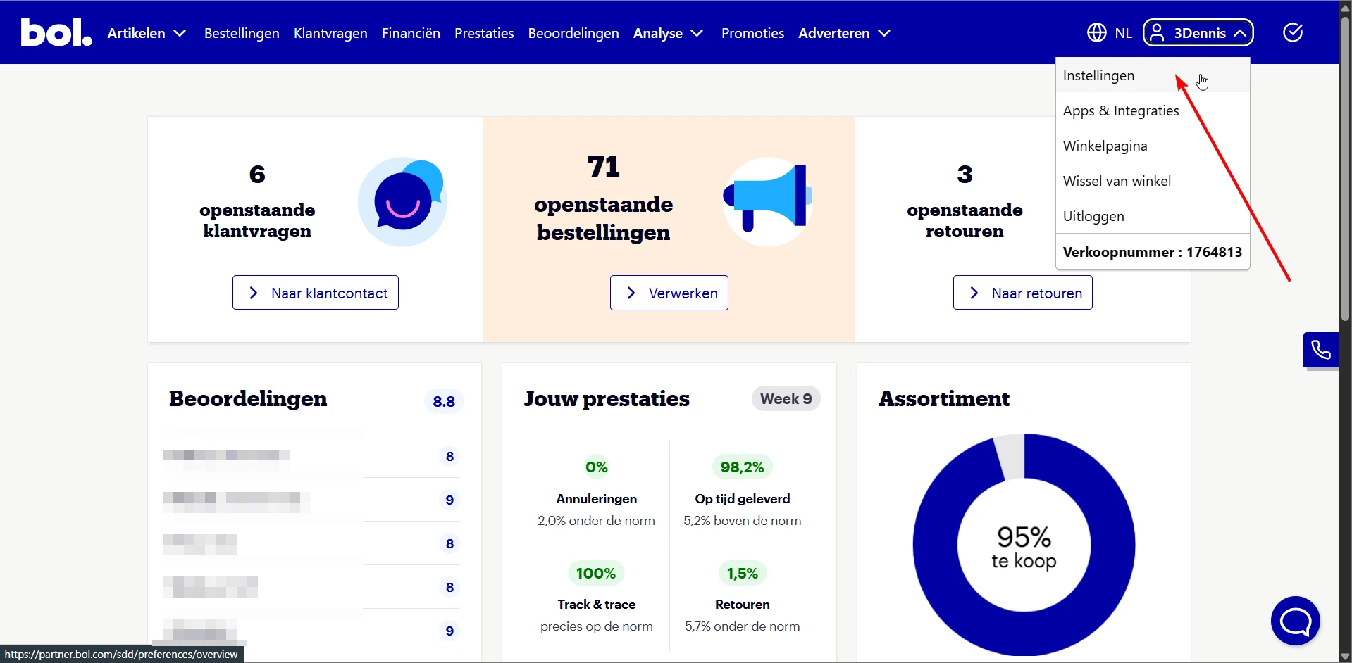 The Bol.com partner dashboard with the account menu open in the top right, showing Instellingen (Settings).