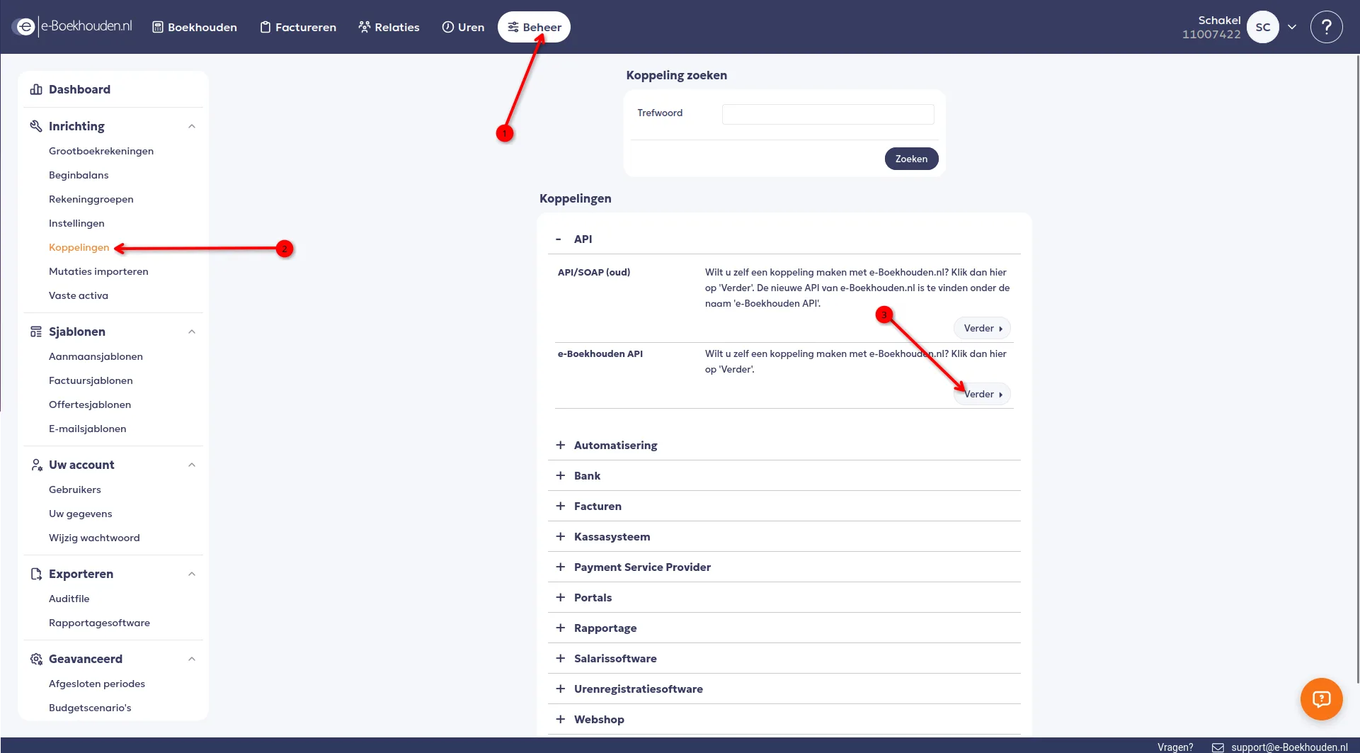 The Koppelingen page in e-Boekhouden, with the Beheer menu, Koppelingen in the left column and the API block showing the API/SOAP (oud) and e-Boekhouden API rows.