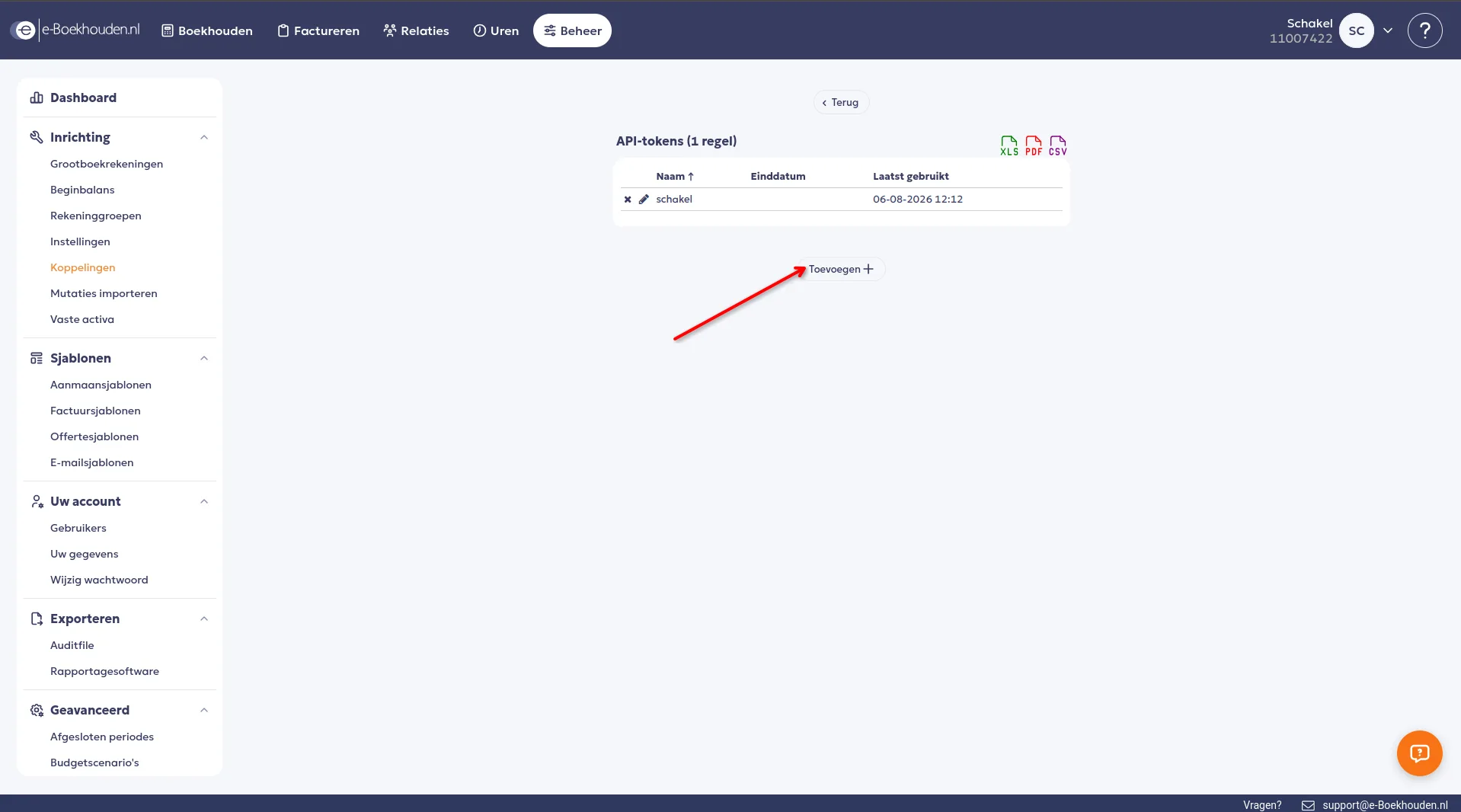 The API tokens overview in e-Boekhouden, with the Toevoegen button below it.