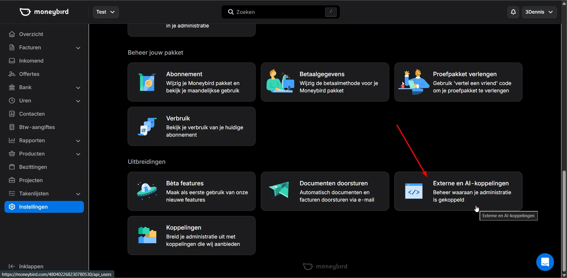 De instellingenpagina van Moneybird met onder Uitbreidingen de link Externe en AI-koppelingen.