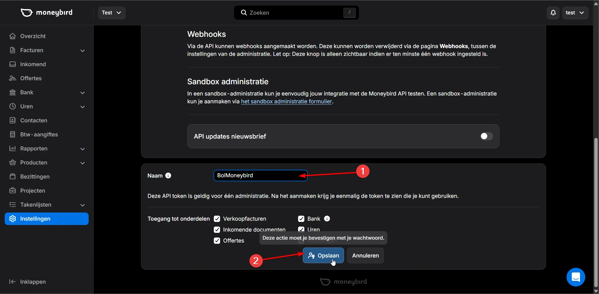 Het formulier waarin je de naam van het API-token invult, met alle toegangsrechten aangevinkt.