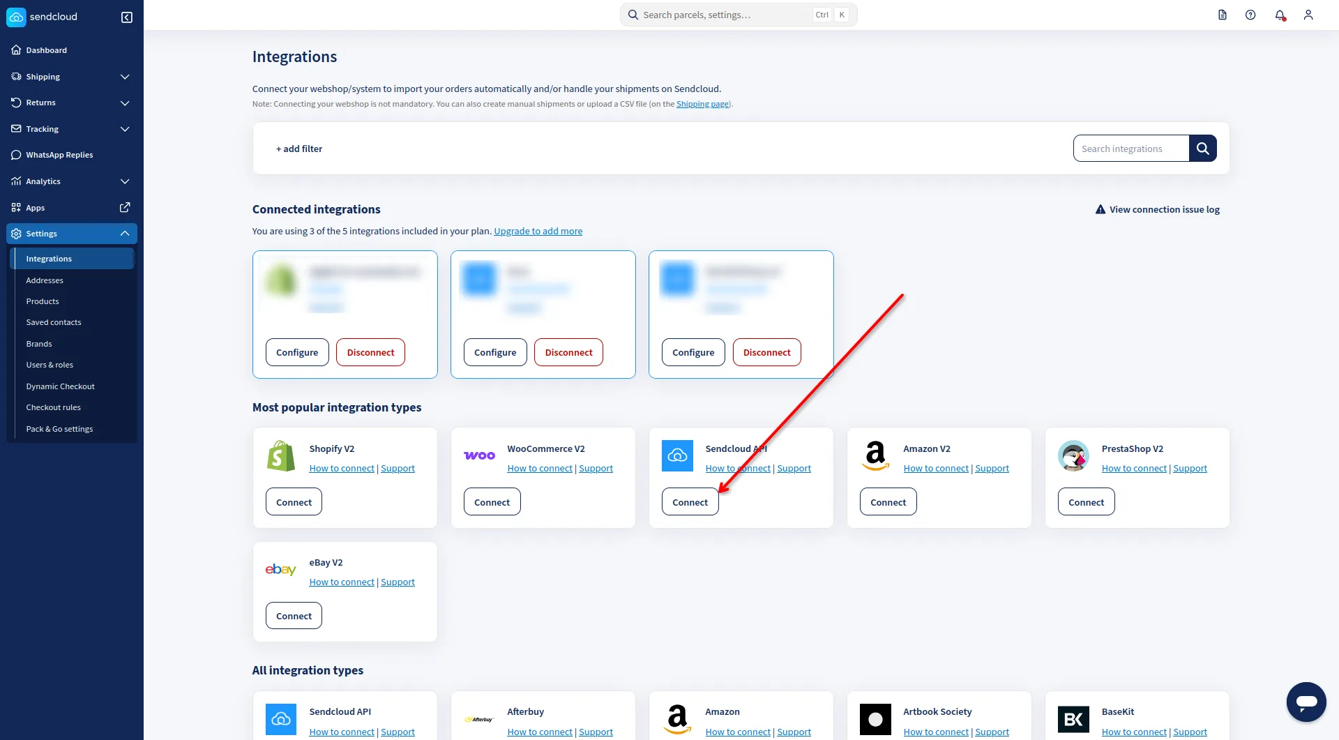 De integratiepagina van Sendcloud met het blokje Sendcloud API en de knop Connect.