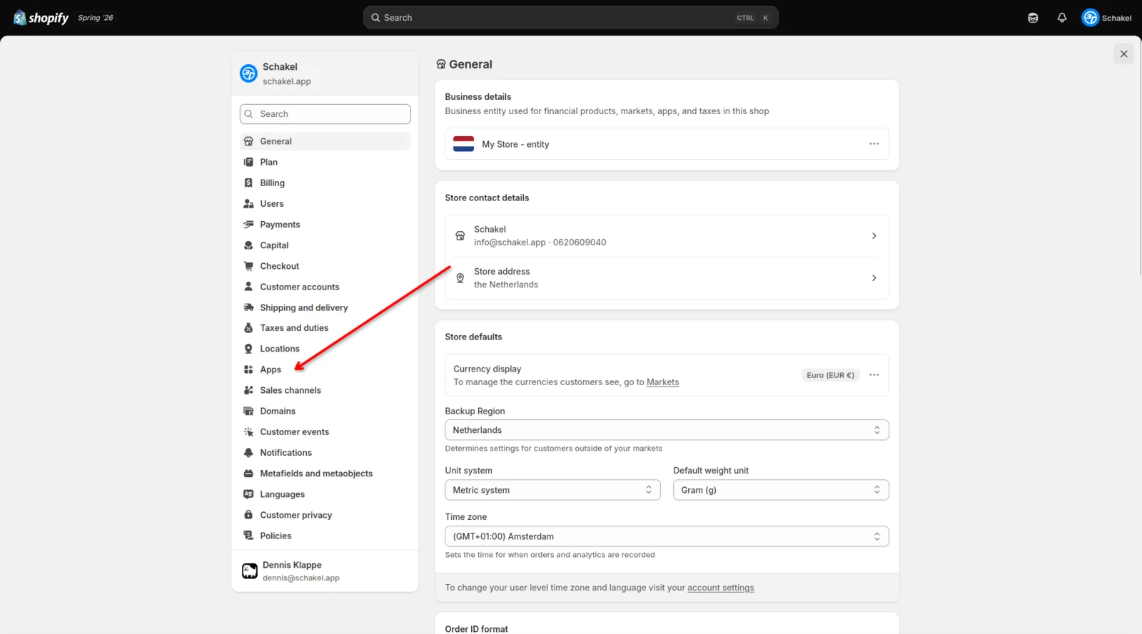 The Settings page with Apps selected in the left menu.