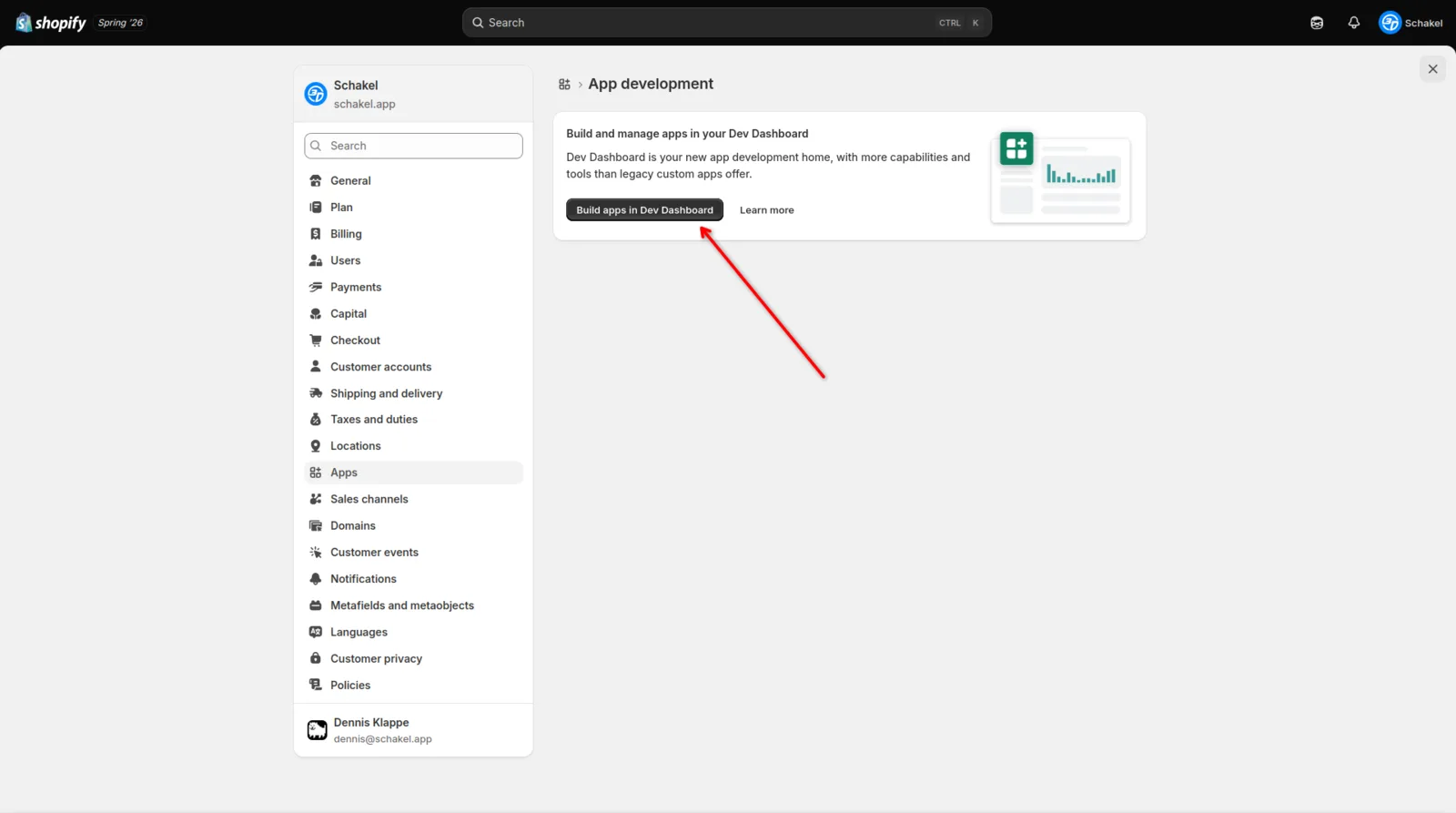 The App development page with the Build apps in Dev Dashboard button.