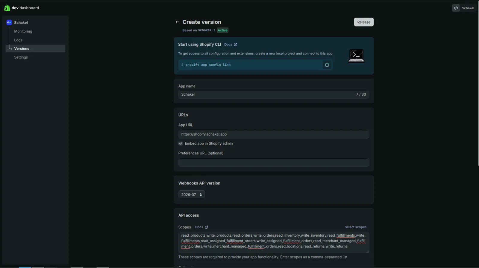 The Create version screen with App URL, Embed app ticked, the API version and the scopes filled in.