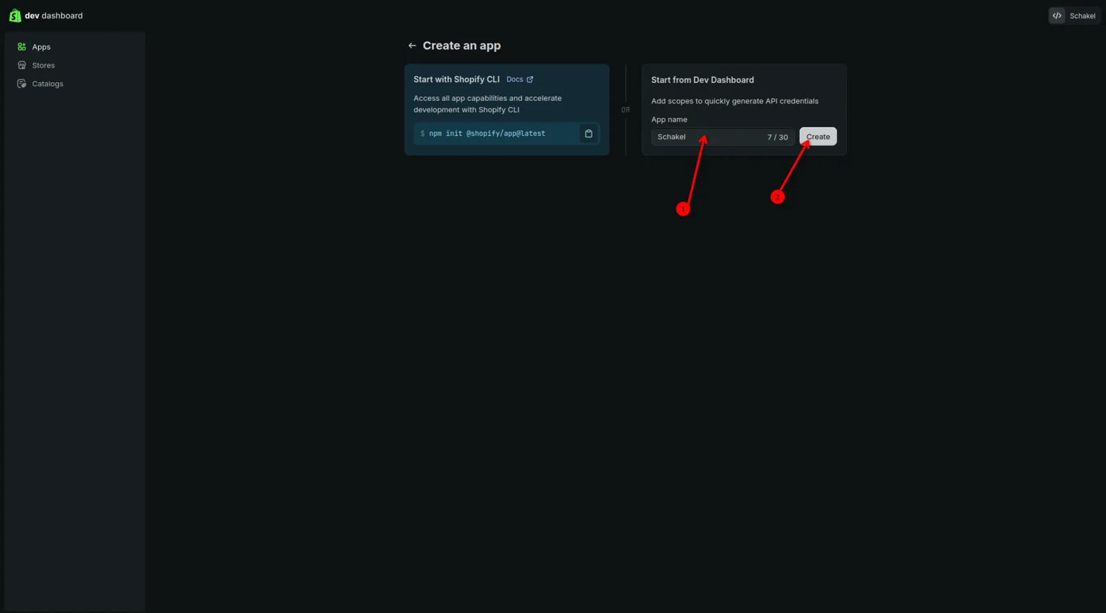 The Create an app screen with App name set to Schakel and the Create button.
