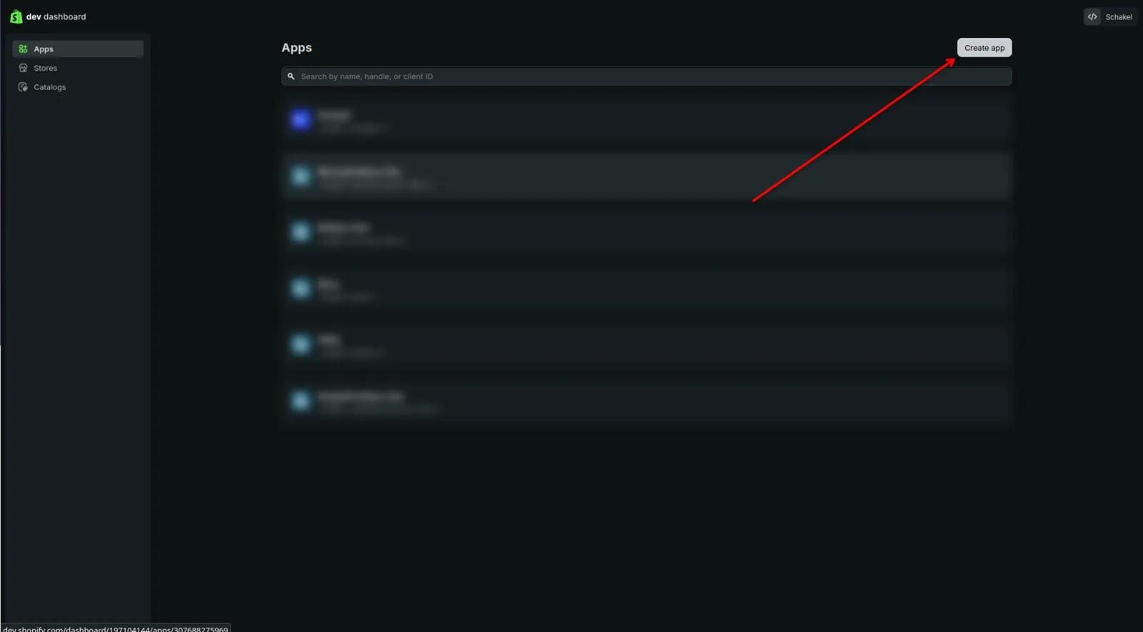 The Dev Dashboard app list with the Create app button in the top right.