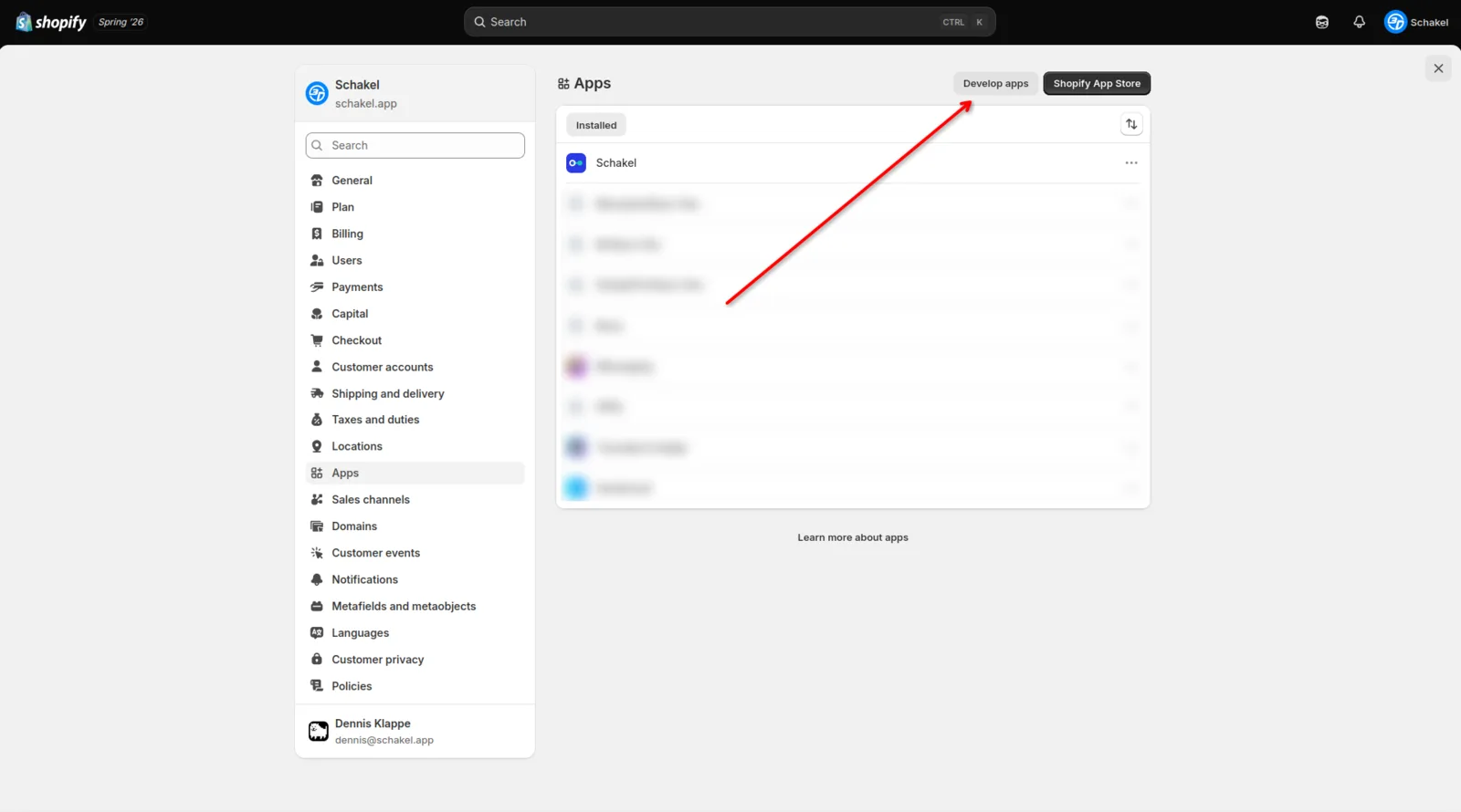 The Apps page with the Develop apps button in the top right.