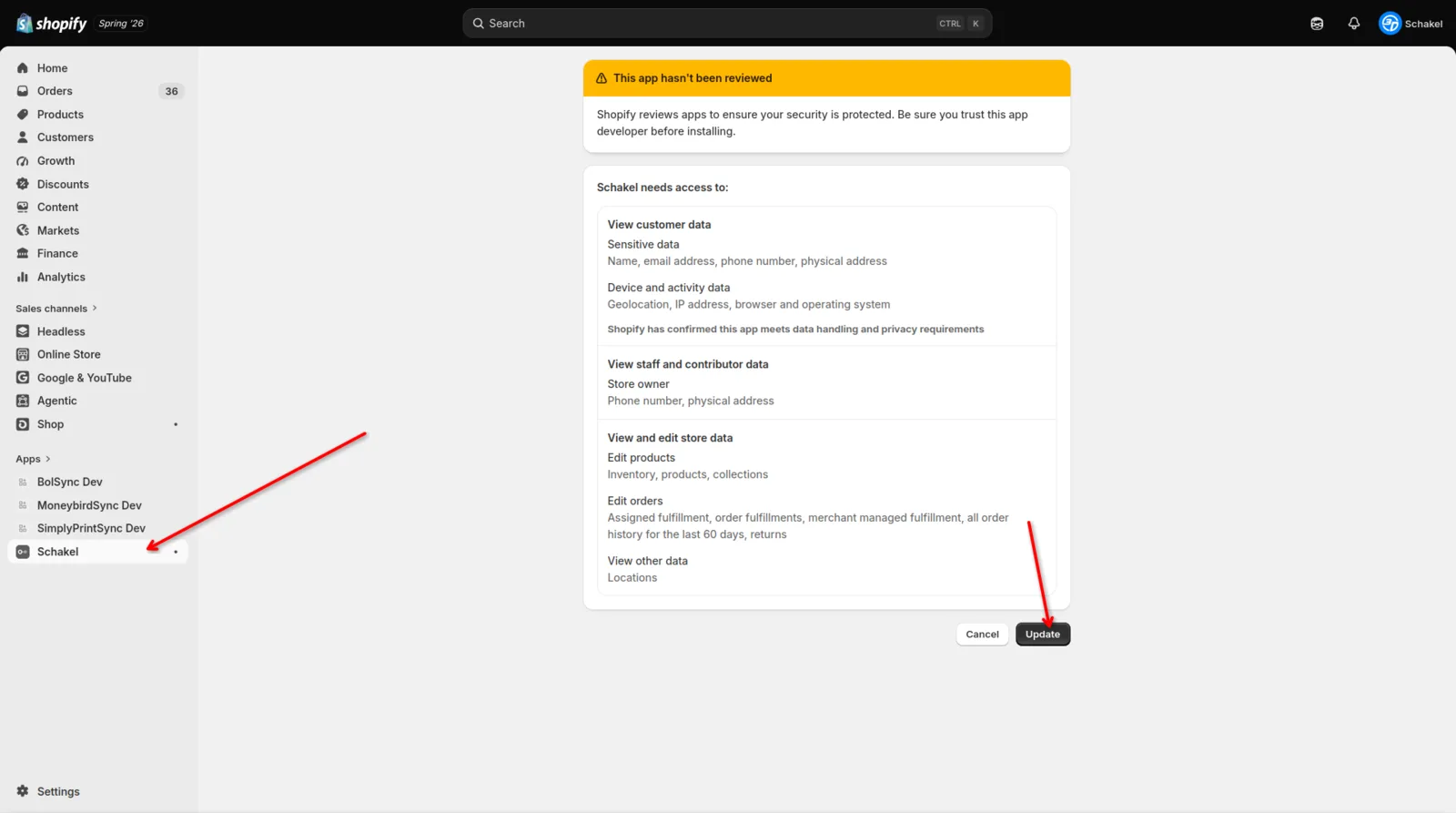 The authorisation screen where Schakel asks for access, with the approve button.