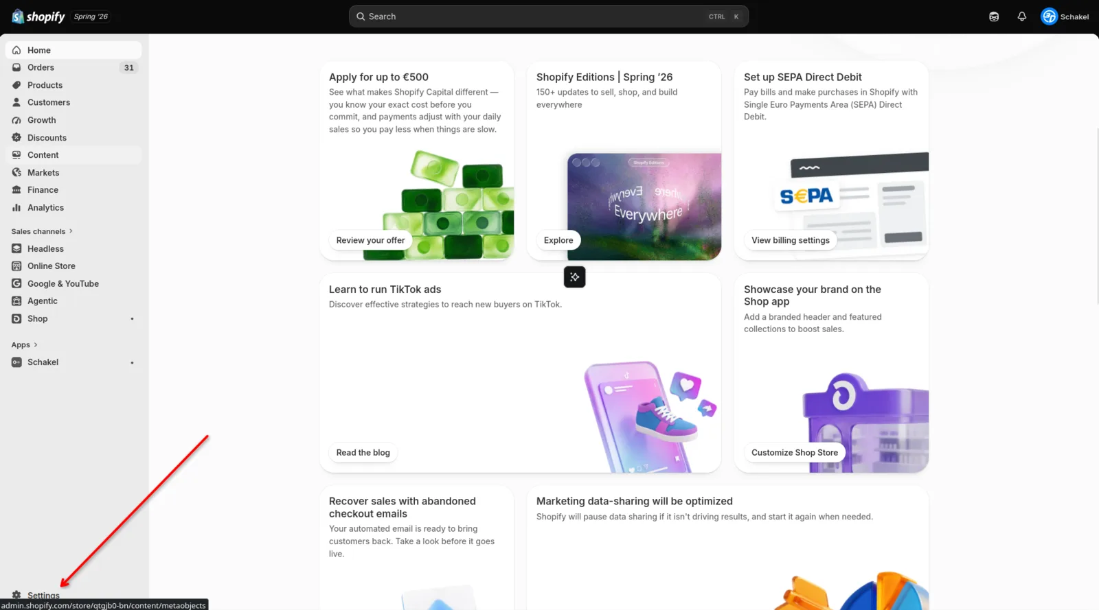The Shopify admin with the Settings link in the bottom left.