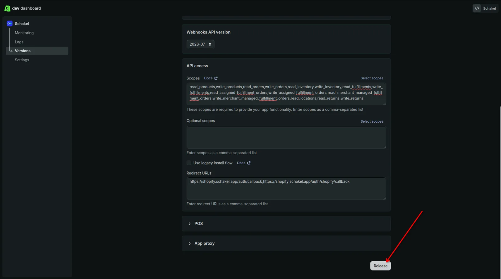 The lower part of Create version with the scopes, the Redirect URLs and the Release button.