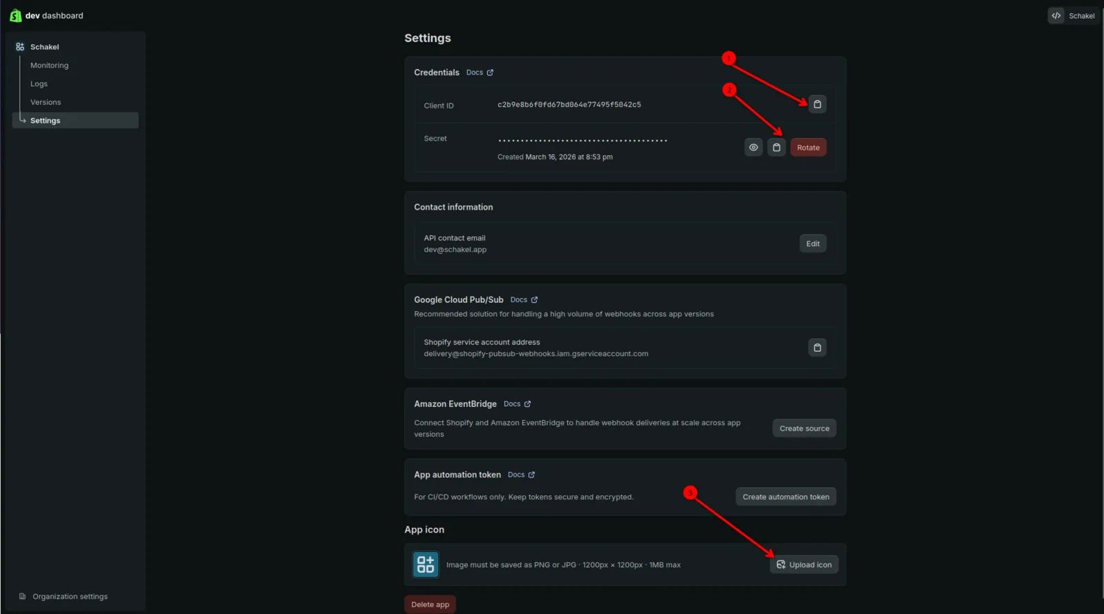 The app Settings page with Credentials at the top and App icon with the Upload icon button at the bottom.