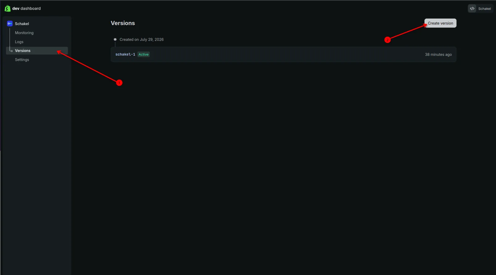 The Versions page with the Create version button in the top right.