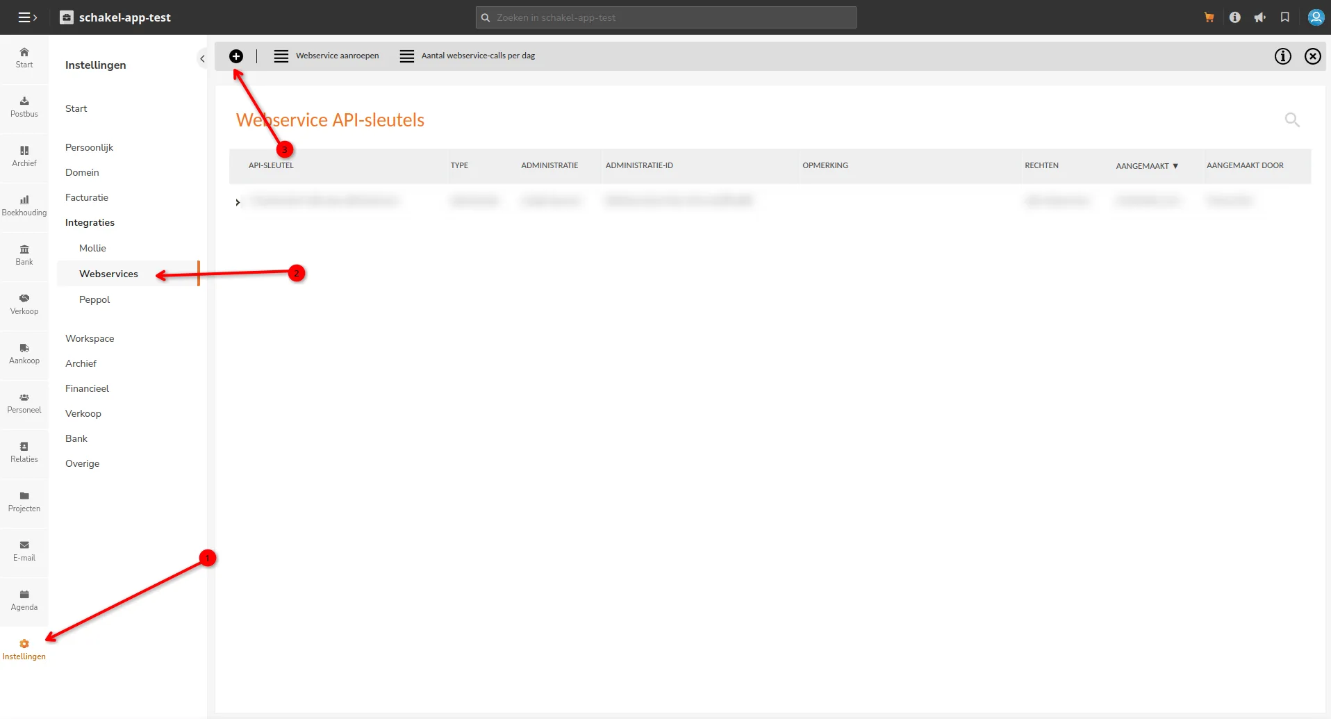 The Webservice API-sleutels page in Yuki, with Instellingen at the bottom of the sidebar, Webservices under Integraties in the left column and the plus button above the list.